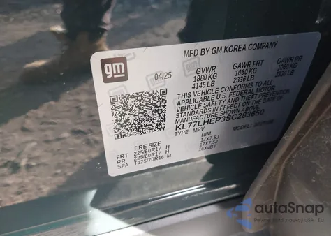 2025 Chevrolet Trax Fwd Lt z USA, uszkodzony, nr VIN KL77LHEP3SC283650